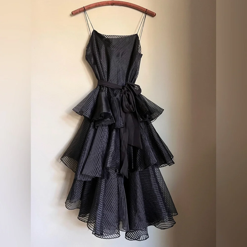 Wednesday Dress, Tiered Ruffled Formal Gown, Tea Length, Goth Prom Dress - Picture 7 of 14